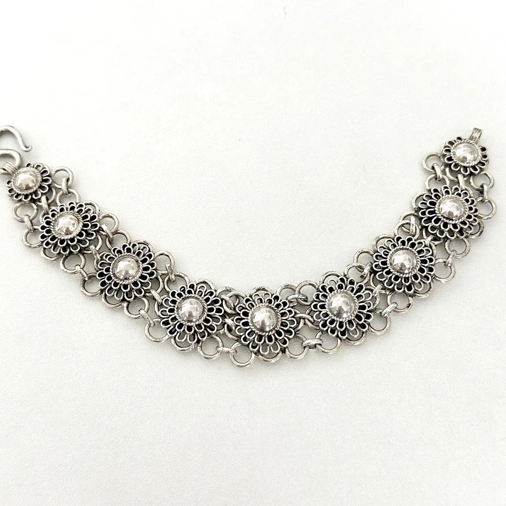 Vintage 925 Sterling Silver Wide Flower Detailed Chunky Chain Link Bracelet 6.75